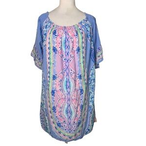Lilly Pulitzer Blue & Pink Off Shoulder XL Resortwear Vacation Beach Mini Dress